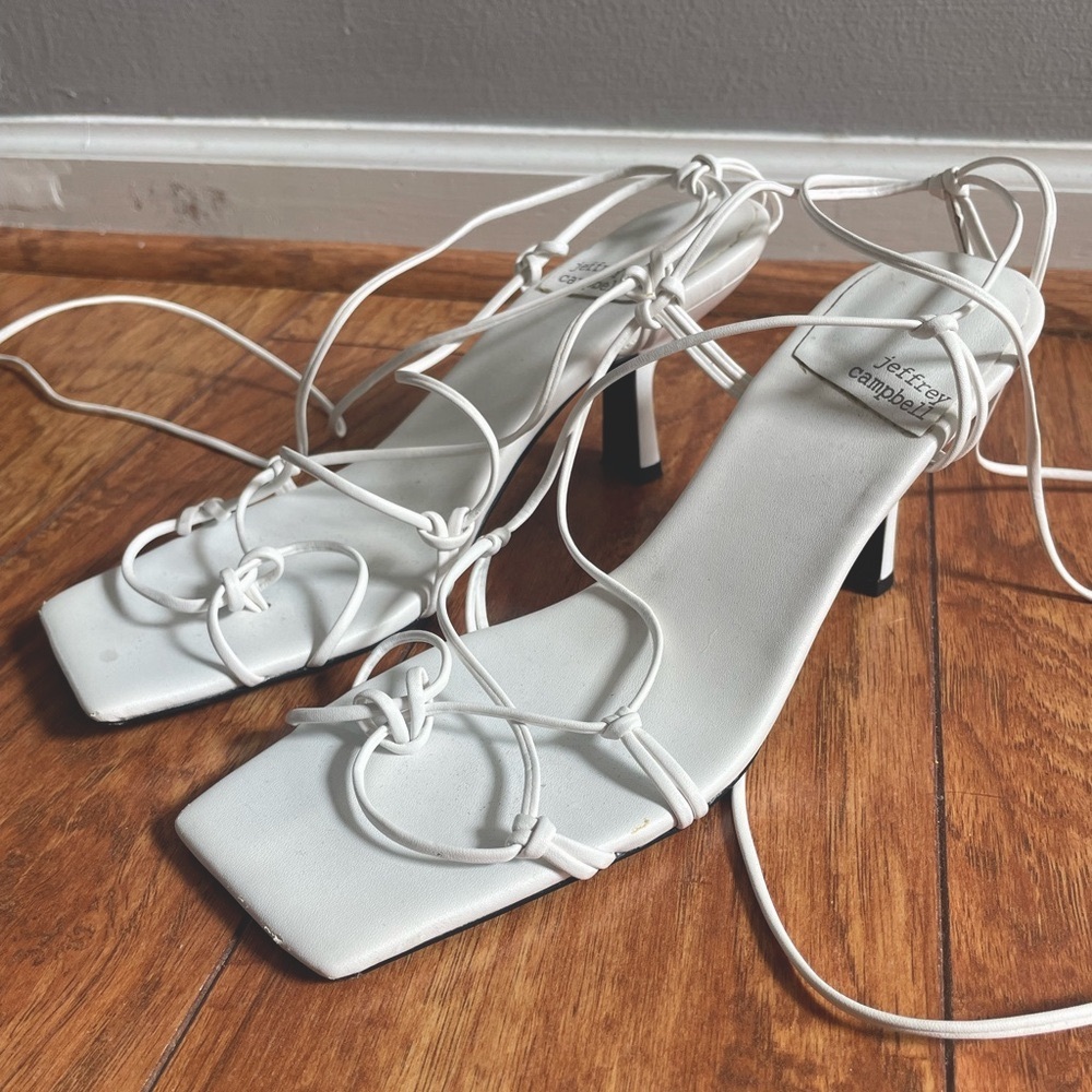 Jeffrey Campbell White Lace-Up Square-Toe Heeled Sandals